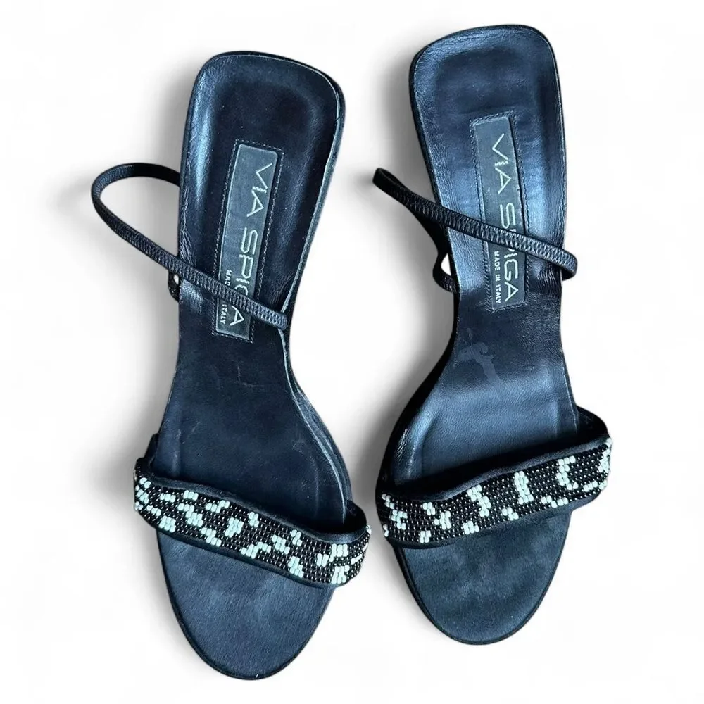 Via Spiga Black Beaded Slingback Heels 7.5M Open Toe Evening Sandals Italy